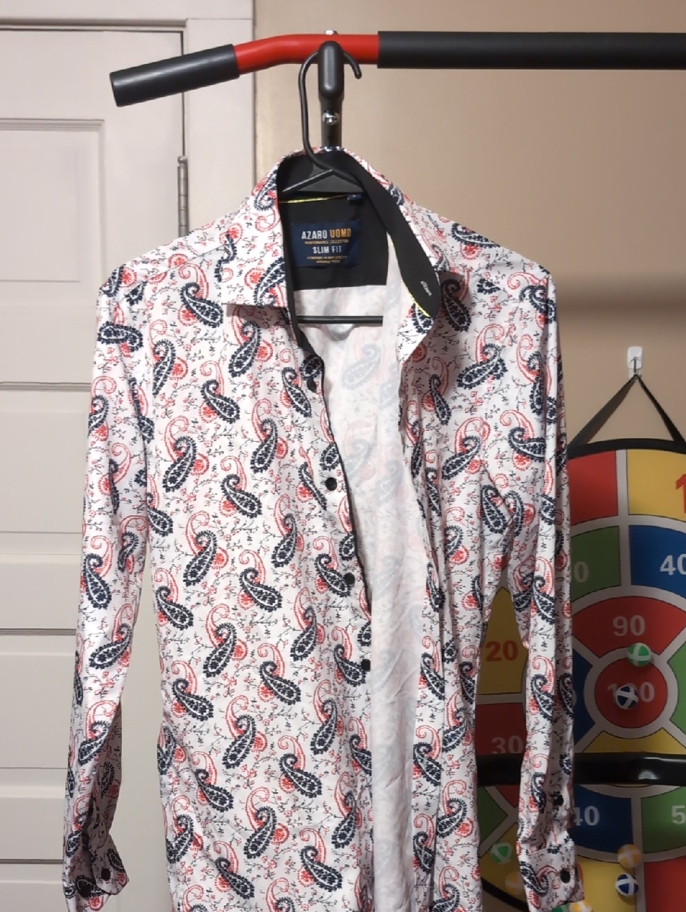 Slim Fit White Paisley Button-Down Shirt with Navy & Coral Accents